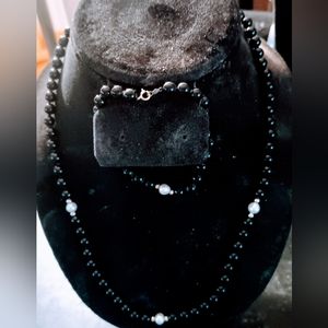 14 KT Gold Black Onyx , White Pearl 20 inch Necklace and 8 inch length Bracelet